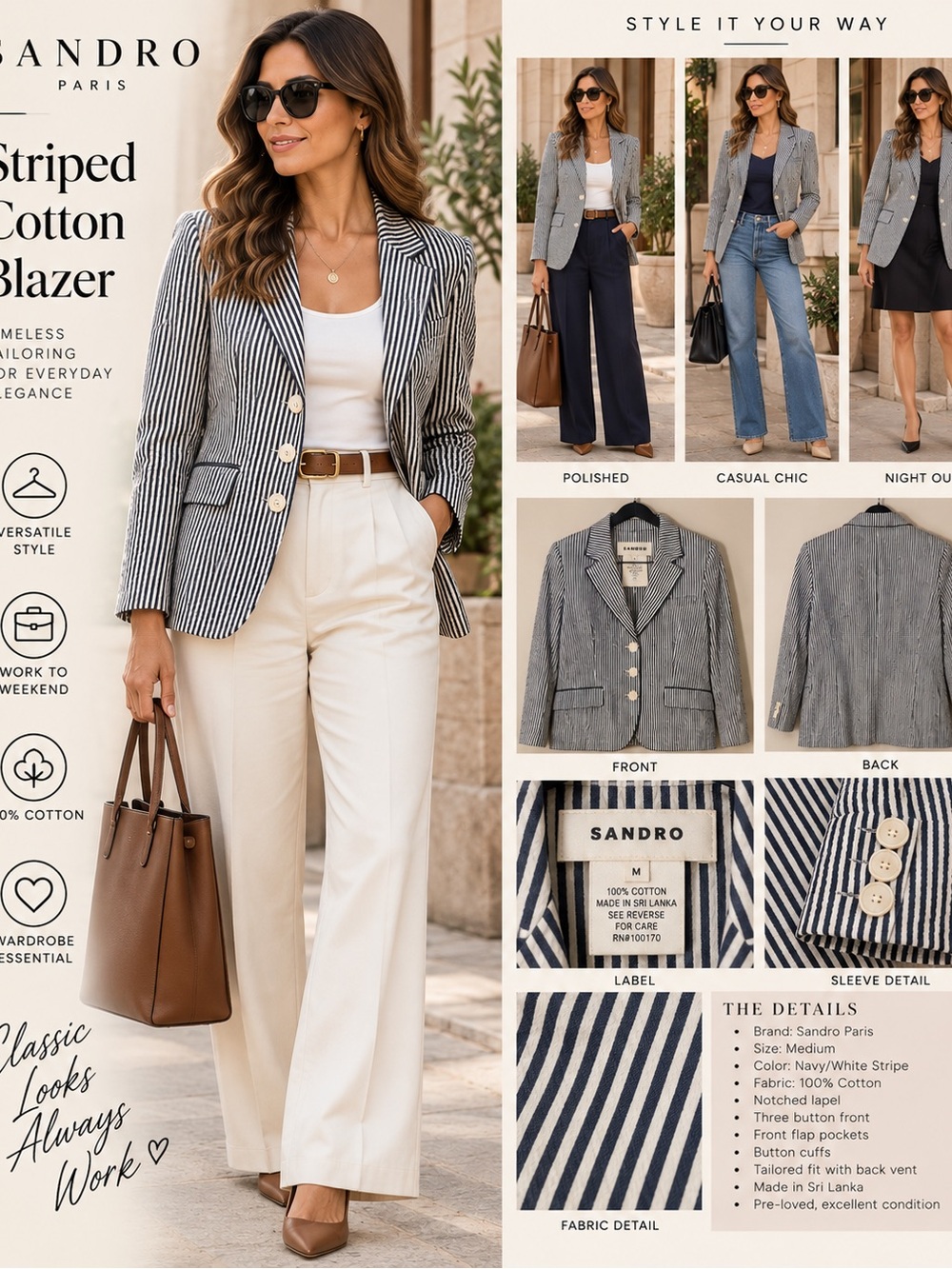 Sandro Paris Navy White Striped Seersucker Cotton Blazer M